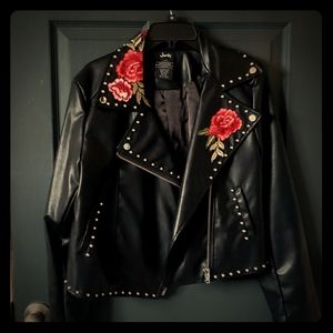 Black with floral embroidery, faux leather coat